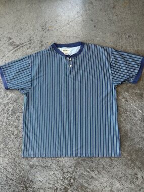Vintage Eddie Bauer Striped Henley Short Sleeve Shirt XXL Blue Green Retro